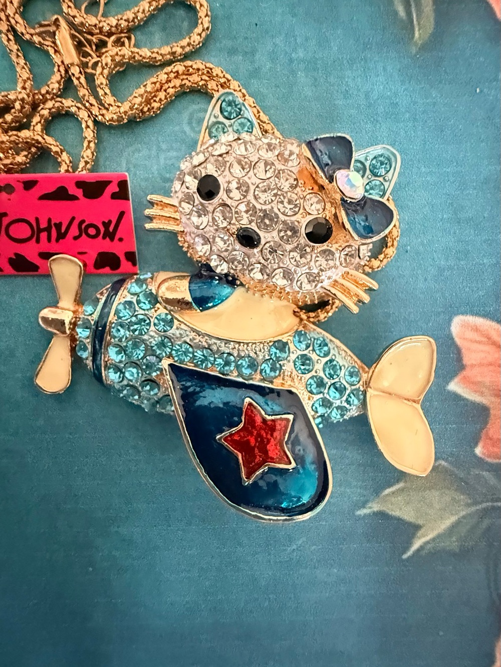 Betsey Johnson Blue Crystal Kitty in Airplane Pendant Necklace